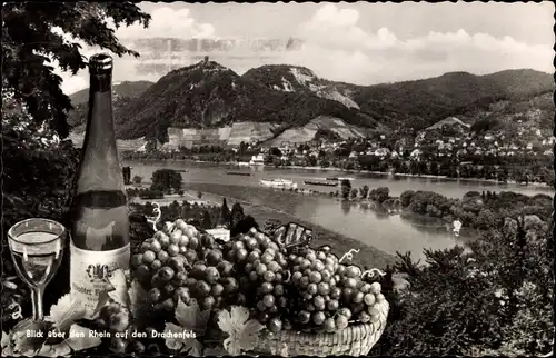 Ak Königswinter am Rhein, Drachenfels, Totalansicht vom Ort, Fluss, Wein