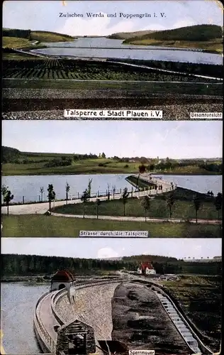 Ak Pöhl Vogtland, Talsperre der Stadt Plauen, Gesamtansicht, Straße, Sperrmauer, Stausee