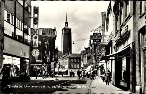 Ak Enschede Overijssel Niederlande, Gronauschestraat m. toren stadhuis, Hotel de Kalander, HEMA