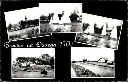 Ak Oudega W. Friesland Niederlande, Ortsansicht, Segelboote, Kanal, Flusspartie