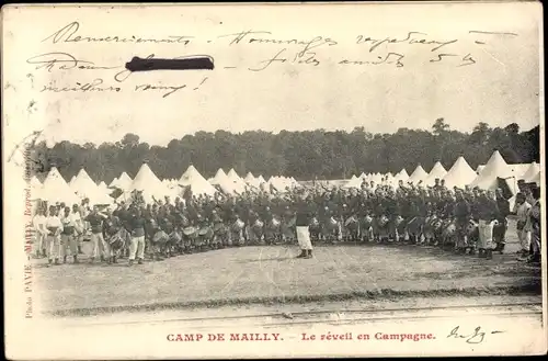 Ak Mailly le Camp Aube, Camp, Le reveil en Campagne