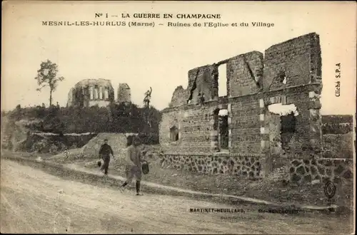 Ak Mesnil lès Hurlus Marne, Ruines de l'Eglise et du Village, La Guerre