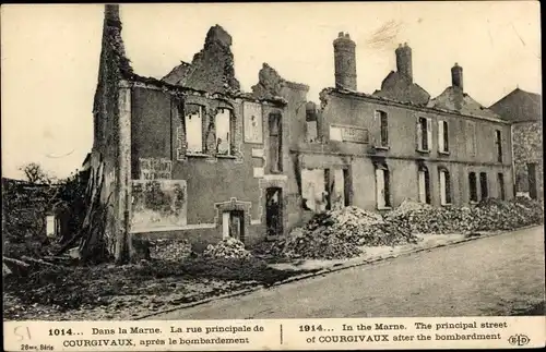 Ak Courgivaux Marne, La rue principale, apres le bombardement 1914
