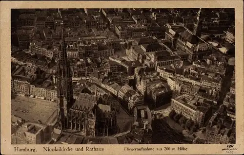 Ak Hamburg Mitte Altstadt, Nicolaikirche, Rathaus, Fliegeraufnahme