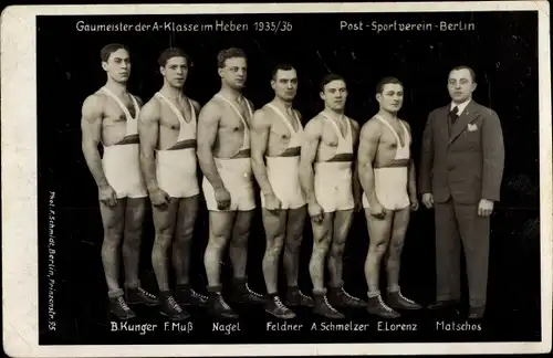 Ak Post Sportverein Berlin, Gaumeister der A Klasse im Heben 1935, Kunger, Muß, Nagel, Feldner