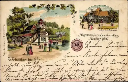 Litho Hamburg, Allg. Gartenbau Ausstellung 1897, Weinhütte im Tal, Samenhandlung Spreckelsen