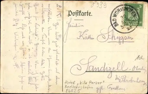 Ak Bad Wörishofen im Unterallgäu, Hotel Villa Parzer