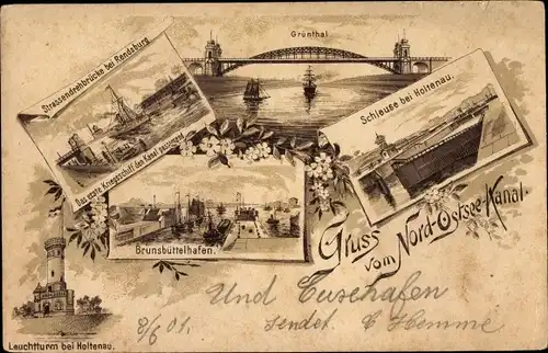 Litho Holtenau Kiel, Nord Ostsee Kanal, Straßendrehbrücke Rendsburg, Schleuse, Grünthal, Brunsbüttel