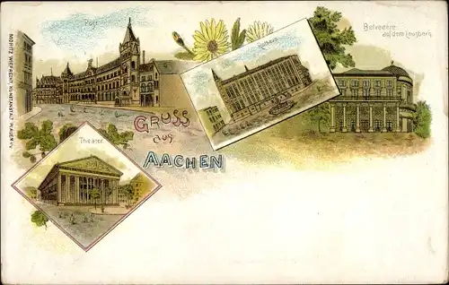 Litho Aachen in Nordrhein Westfalen, Post, Theater, Rathaus, Belvedere