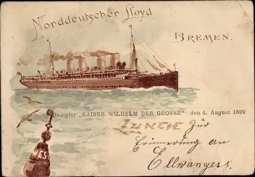 Litho Dampfer Kaiser Wilhelm der Große, NDL Bremen, 1899