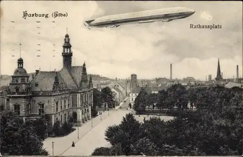 Ak Hamburg Harburg, Rathausplatz, Zeppelin Luftschiff