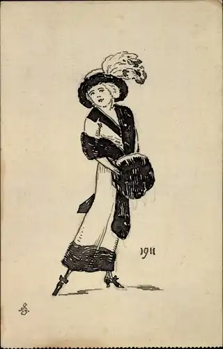Künstler Ak Frauenportrait, Dame mit Muff, Schal, 1911