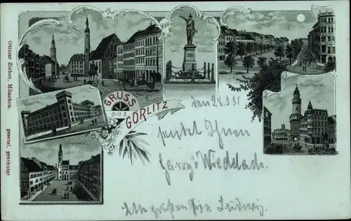 Mondschein Litho Görlitz in der Lausitz, Obermarkt, Prinz Carl Friedrich Denkmal, Kaserne