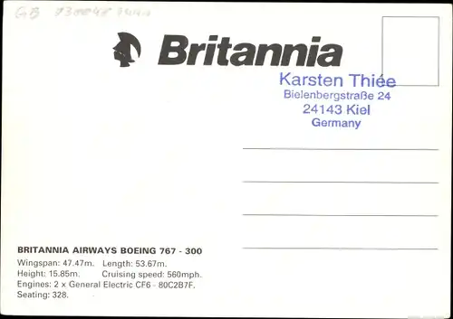 Ak Britisches Passagierflugzeug, Britannia Airways Boeing 767-300