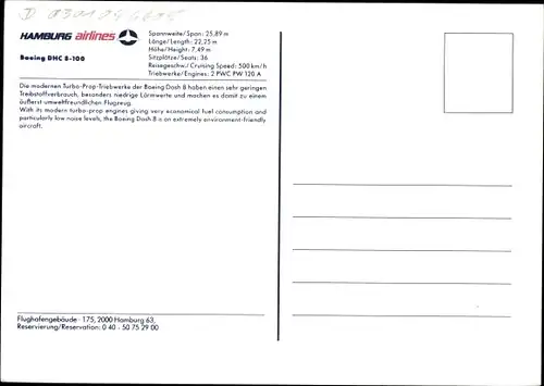 Ak Deutsches Passagierflugzeug, Hamburg Airlines, Boeing DHC 8 100