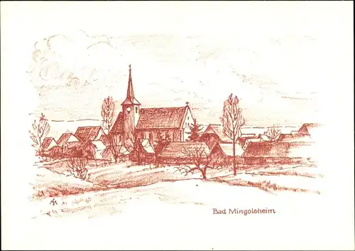 Künstler Ak Schneider, M. L., Mingolsheim Bad Schönborn in Baden, Teilansicht mit Kirche