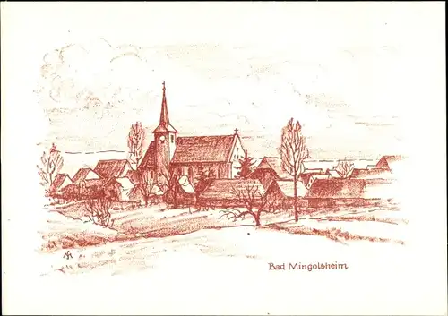 Künstler Ak Schneider, M. L., Mingolsheim Bad Schönborn in Baden, Teilansicht mit Kirche