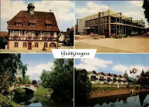 Ak Grötzingen Baden Württemberg, Fachwerkhaus Siedlung, Brücke, Rathaus