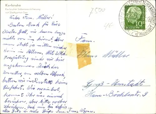 Ak Karlsruhe in Baden, Karlsruher Lebensverischerung mit Stadtgarten See, Ruderboot