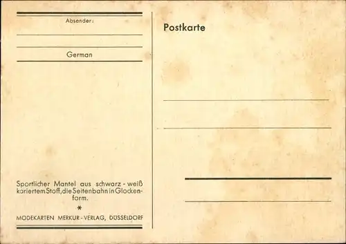 Künstler Ak Hartmann, J., Dies ist einpraktischer Reisemantel, Modekarten Merkur Verlag