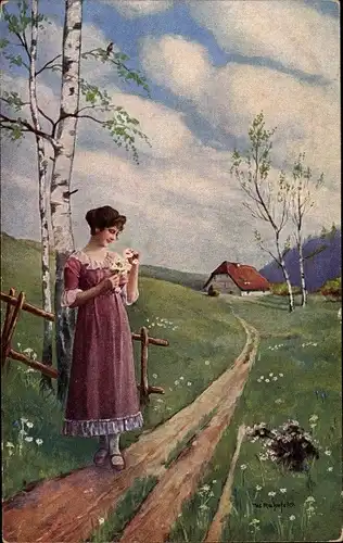 Künstler Ak Rahnfeld, W., Blumenorakel, junge Frau auf einer Wiese