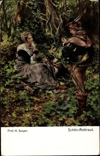 Künstler Ak Seeger, H., Schön Rottraut, Frau mit Jäger unter einem Baum, Armbrust