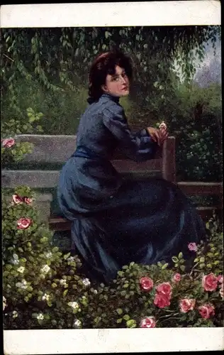 Künstler Ak Mutterseelenallein, Frau im schwarzen Kleid auf einer Bank, Rosen