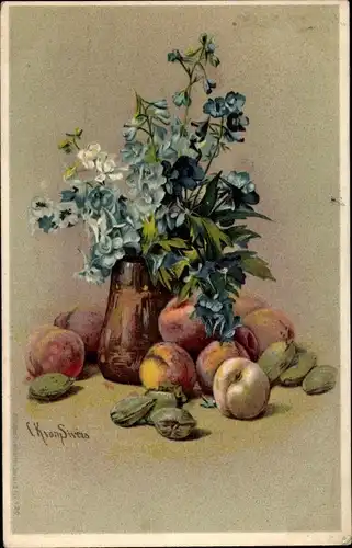 Künstler Ak von Sivers, C. K., Stillleben, blaue Blumen in einer Vase, Pfirsiche