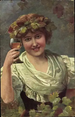 Künstler Ak Hoffmann, H., Gruß vom Rhein, Winzerin mit Weinglas