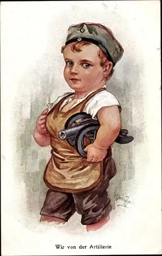 Künstler Ak Zahl, Hans, Wir von der Artillerie, Junge mit Spielzeugkanone und Uniformmütze