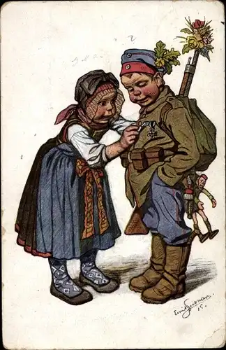 Künstler Ak Beithan, Emil, Frau betrachtet Orden von einem Soldaten, hessische Tracht