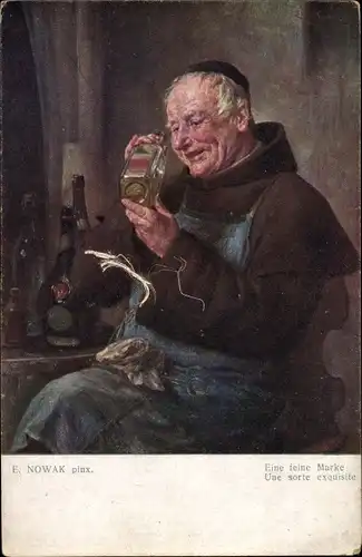 Künstler Ak Nowak, E., Eine feine Marke, Mönch mit Weinflaschen