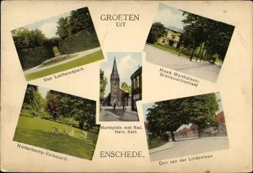 Ak Enschede Overijssel Niederlande, van Lochemspark, Hertenkamp Volkspark, Straßenpartien, N.H. Kerk