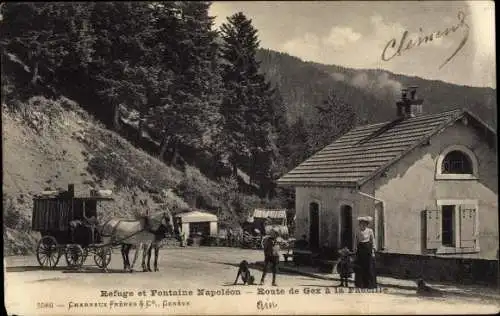 Ak Gex Ain, Refuge et Fontaine Napoleon, Route de Gex a la Faucille