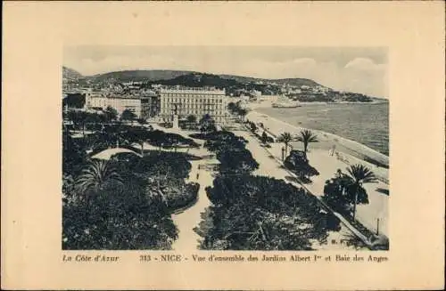 Ak Nice Nizza Alpes Maritimes, Vue d'ensemble des Jardins Albert I, Baie des Anges