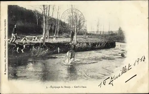 Ak Souzy la Briche Essonne, Equipage du Souzy, Chasse, Cerf a l'eau