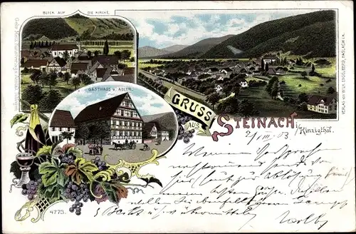 Litho Steinach im Kinzigtal Schwarzwald, Gasthaus zum Adler, Totalansicht, Kirche
