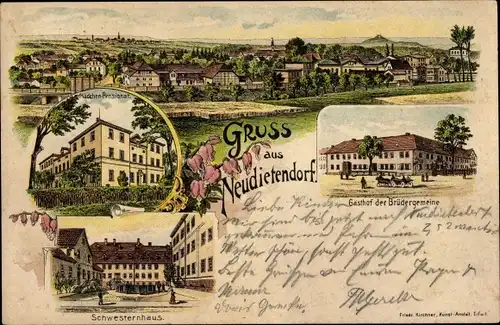 Litho Neudietendorf in Thüringen, Gasthof der Brüdergemeinde, Schwesternhaus, Mädchenpensionat