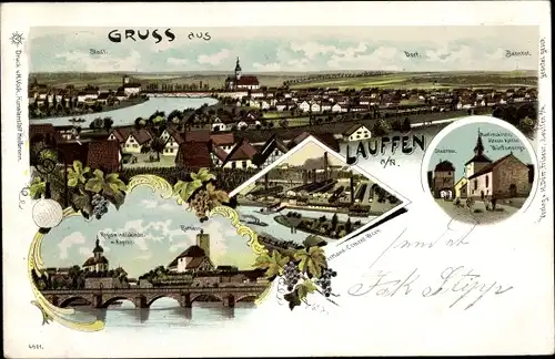 Litho Lauffen am Neckar, Rathaus, Blick auf den Ort, Kirche