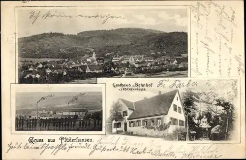 Ak Plüderhausen in Baden Württemberg, Gasthaus zum Bahnhof, Blick auf den Ort, Fabrikgelände