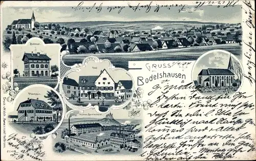 Litho Bodelshausen in Württemberg, Kirche, Bahnhof, Pfarrhaus, Blick auf den Ort