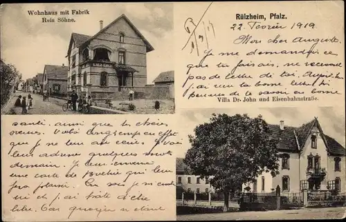 Ak Rülzheim in der Pfalz, Villa Dr. John, Eisenbahnstraße, Wohnhaus mit Fabrik Reis Söhne