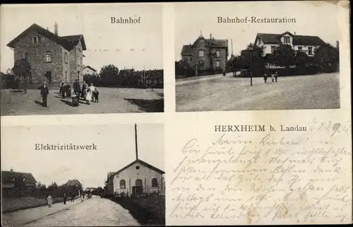 Ak Herxheim bei Landau in der Pfalz, Elektrizitätswerk, Bahnhof, Restauration