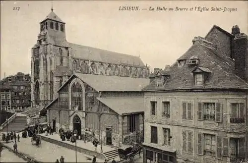 Ak Lisieux Calvados, La Halle au Beurre, L'Eglise Saint Jacques