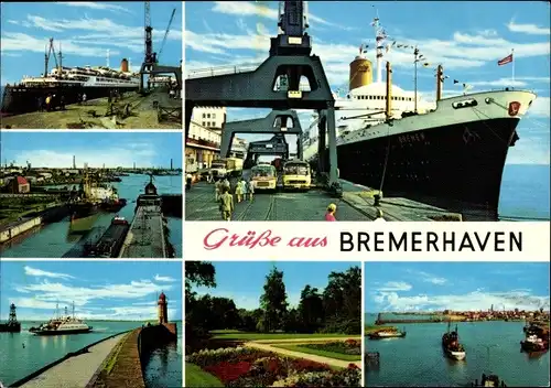 Ak Bremerhaven, Dampfer Bremen im Hafen, Hafeneinfahrt, Leuchtturm