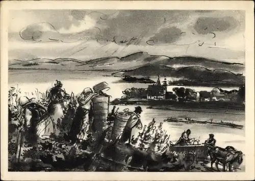 Künstler Ak Weinlese, Erntehelfer auf dem Weinberg