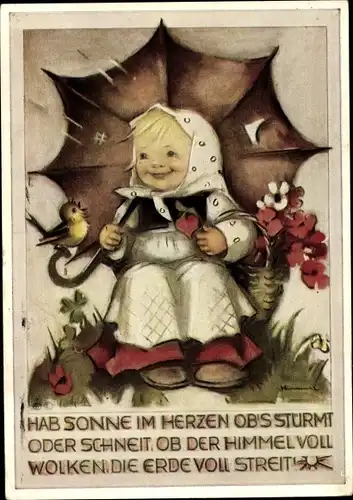 Künstler Ak Hummel, Berta, Nr. 5832, Hab Sonne im Herzen, Mädchen mit Regenschirm