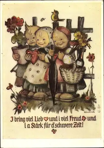 Künstler Ak Hummel, Berta, Glückwunsch, Kinder mit Herz, Blume, Pilz, Sekt, Nr. 5835