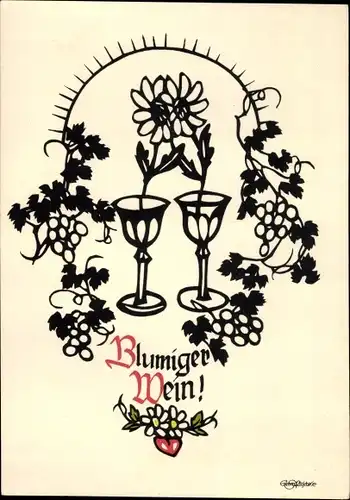 Scherenschnitt Künstler Ak Plischke, Georg, Blumiger Wein
