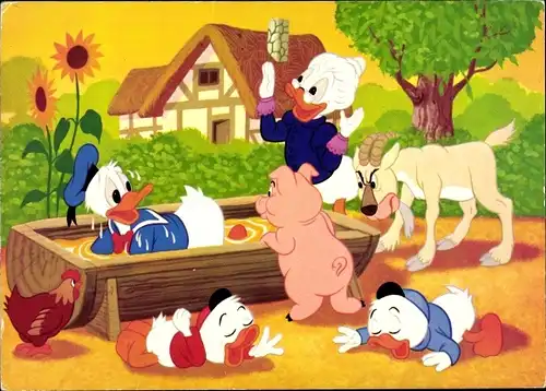 Künstler Ak Walt Disney, Donald Duck, Bauernhof, Wassertrog